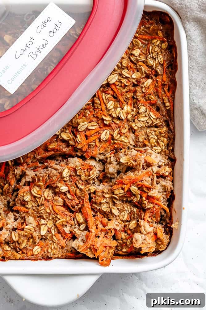 Warm Spiced Carrot Cake Baked Oats 8 A portion of Carrot Cake Baked Oats neatly stored in a glass meal-prep container, ready for a healthy breakfast or snack.