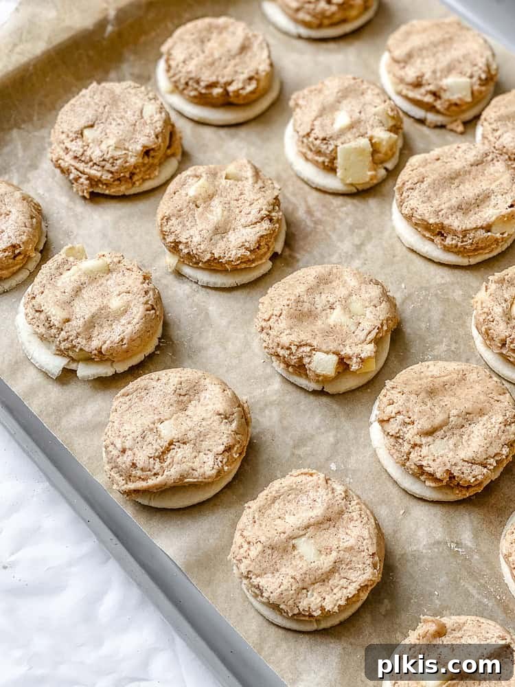 Spiced Apple Pie Cookies 7 Process shot of unbaked Apple Pie Cookies neatly arranged on a parchment-lined baking tray, ready for the oven.