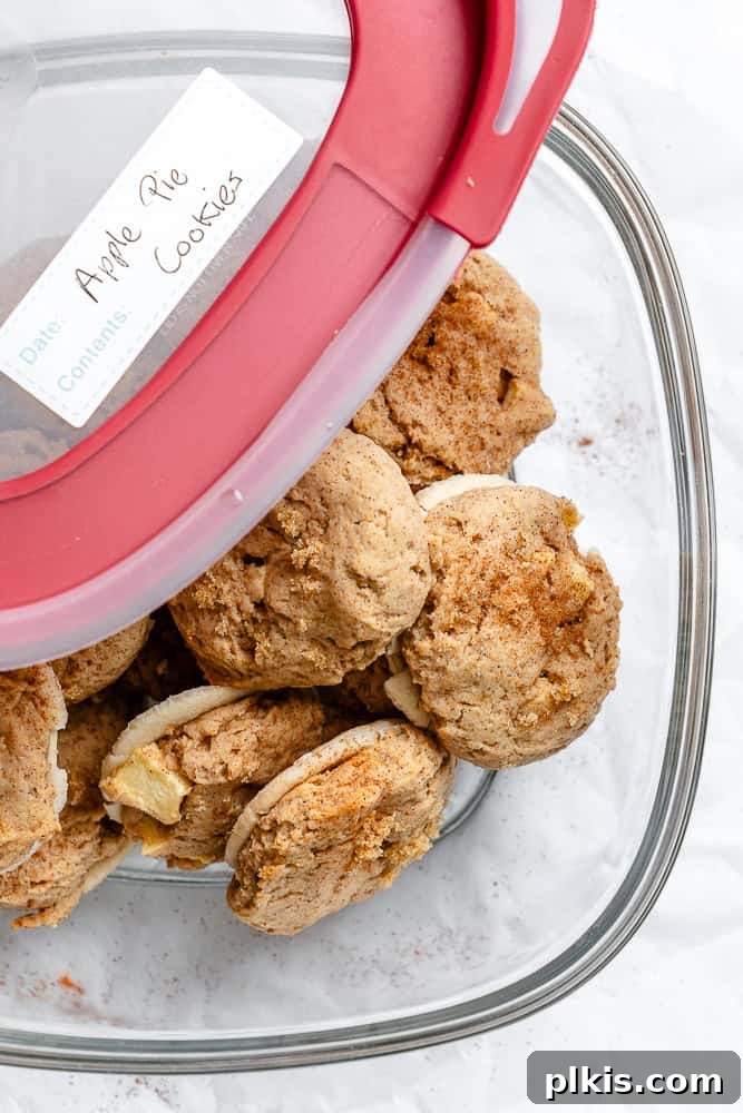 Spiced Apple Pie Cookies 9 Completed Apple Pie Cookies neatly stacked inside a clear airtight storage container.