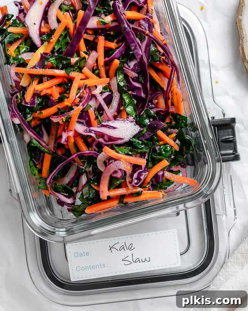 Zesty Kale Slaw Delight 8 completed Crunchy Kale Slaw in a storage container