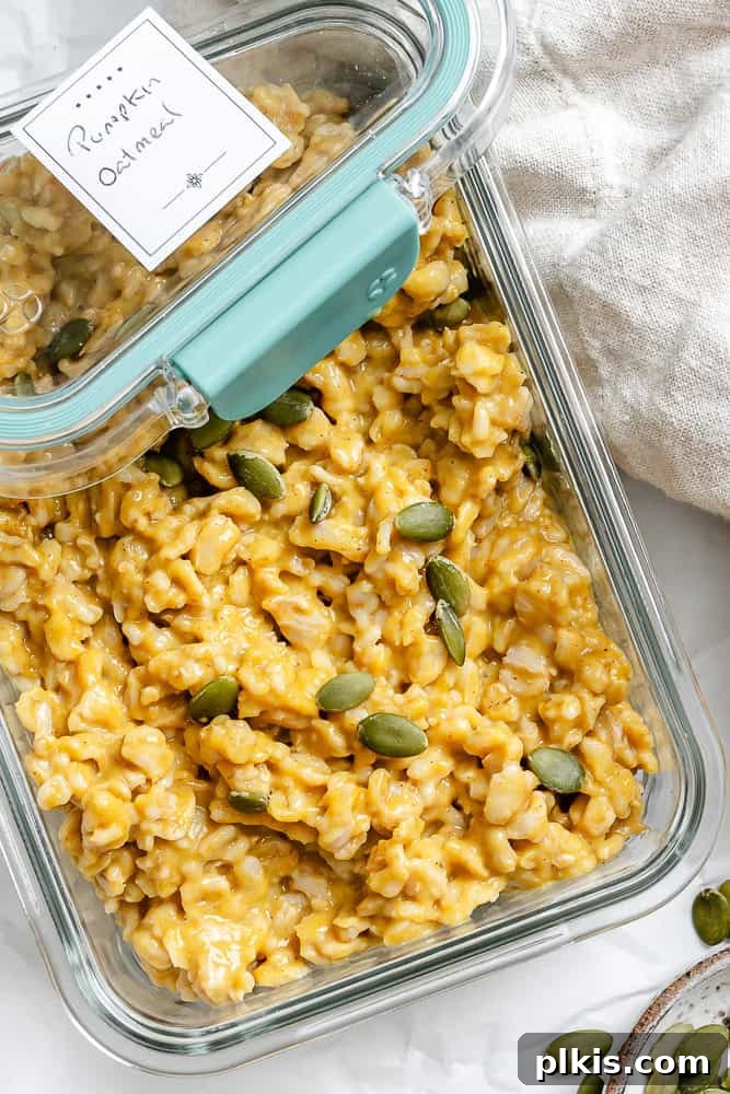 Cozy Autumn Pumpkin Oatmeal 7 A serving of Easy Pumpkin Oatmeal stored neatly in a container, ready for meal prep or refrigeration.