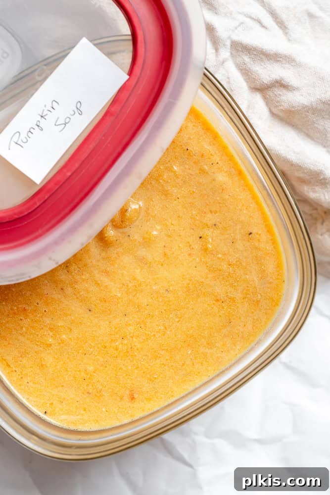 Golden Harvest Bisque 9 completed Roasted Pumpkin Soup stored in an airtight container