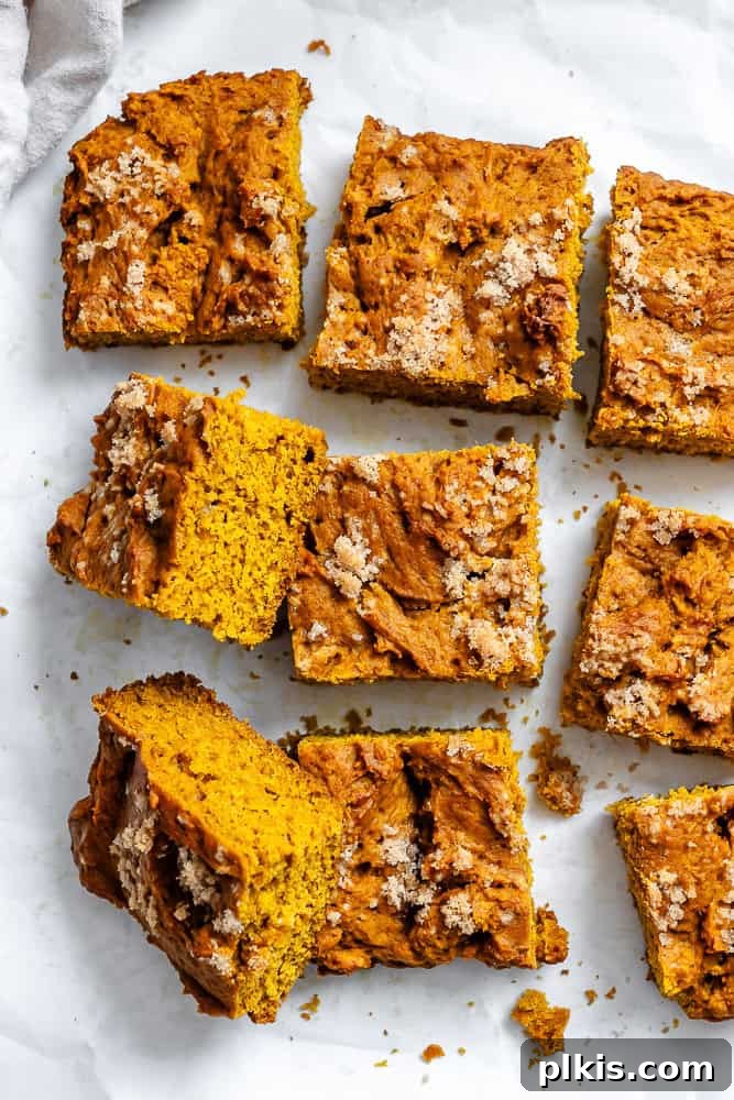 Pumpkin Spice Streusel Coffee Cake 2 Deliciously baked vegan Pumpkin Coffee Cake, topped with a delicate streusel crumb, resting on a clean white surface, ready to be served.