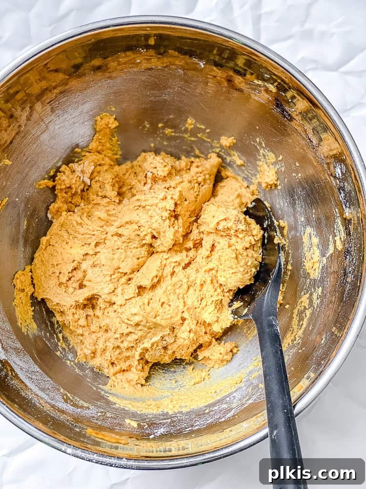 Pumpkin Spice Streusel Coffee Cake 6 Third step of baking: the dry ingredients are gently folded into the wet ingredients in a large bowl, being careful not to overmix.