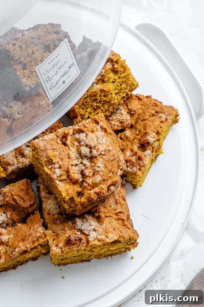 Pumpkin Spice Streusel Coffee Cake 9 Slices of vegan Pumpkin Coffee Cake stored in a clear airtight container, highlighting its moisture and readiness for future enjoyment.