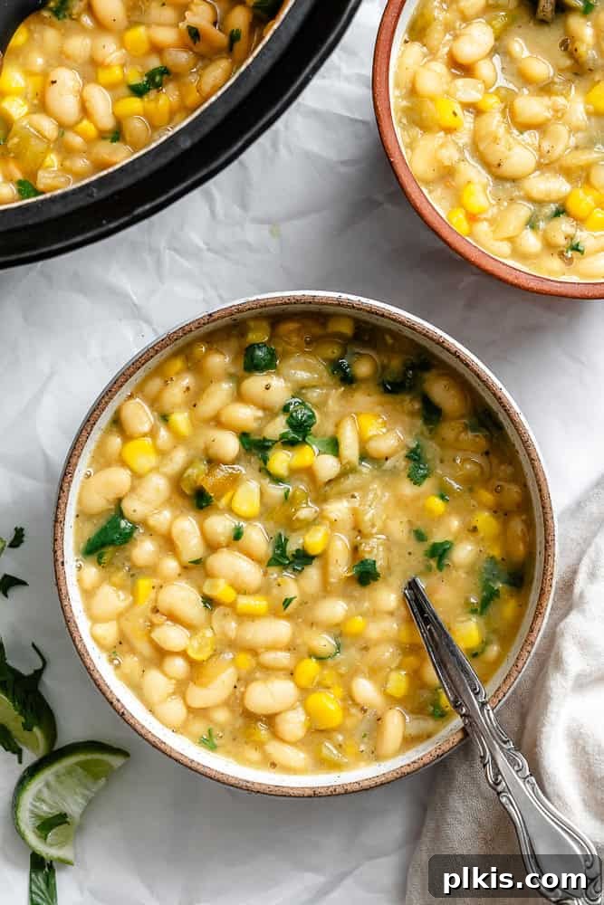 Creamy Plant-Based White Bean Chili 2 completed Vegan White Bean Chili in a bowl