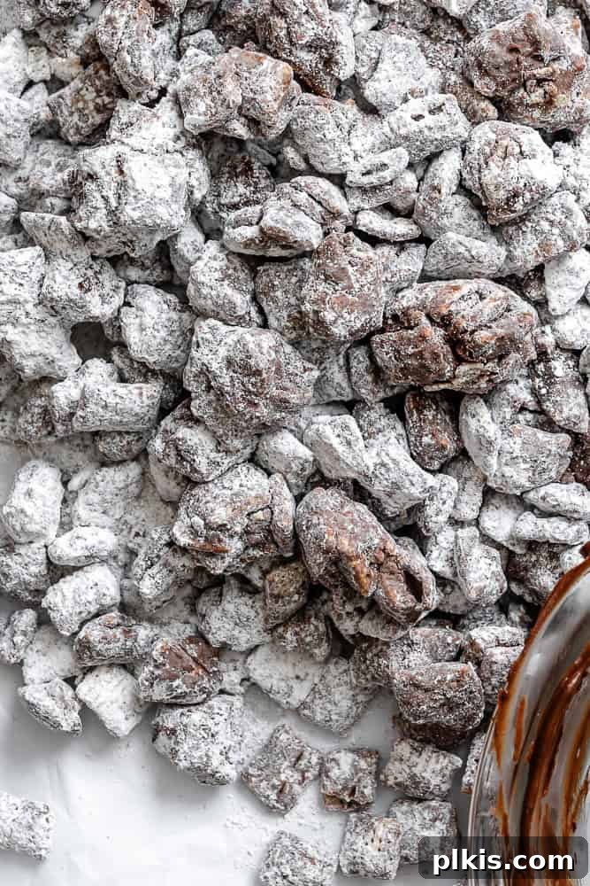 A second view of the completed Easy Muddy Buddies [Puppy Chow], showcasing its irresistible texture with each piece perfectly coated in chocolate, peanut butter, and powdered sugar, ready for serving.