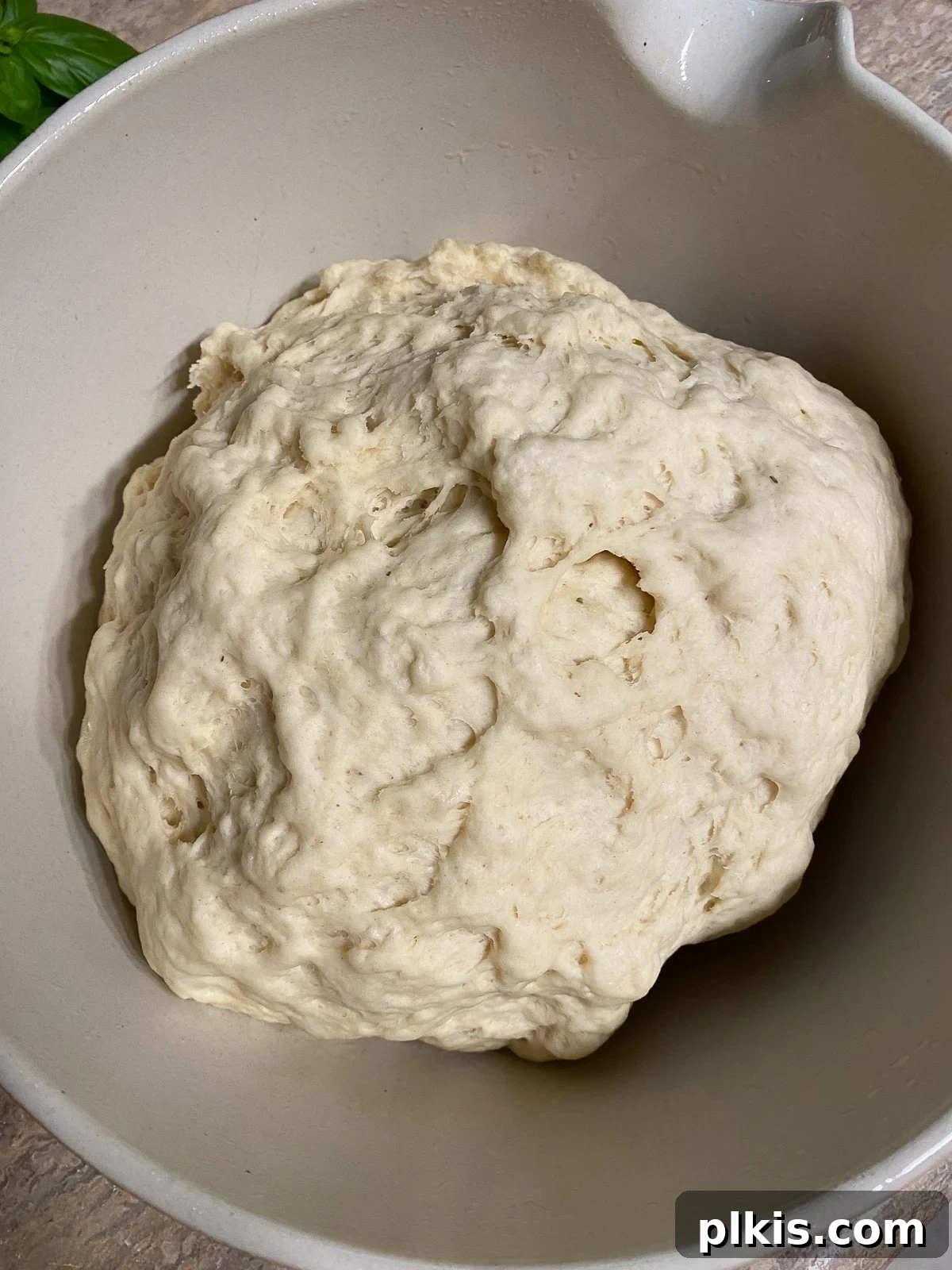 Close-up of the dough rising in the bowl, showing its increased volume and airy texture after the proofing period.