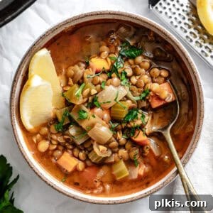 completed Lemon Lentil Soup in bowl