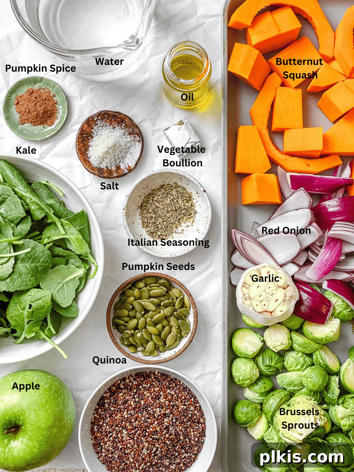 Golden Harvest Quinoa Salad 3 Ingredients for Fall Quinoa Salad measured out on a white surface, showcasing fresh vegetables, quinoa, and dressing components.