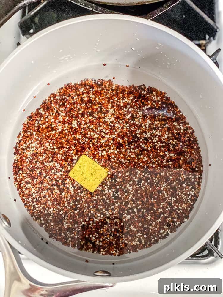 Golden Harvest Quinoa Salad 6 Process shot showing quinoa cooking in a lidded pot on the stove.
