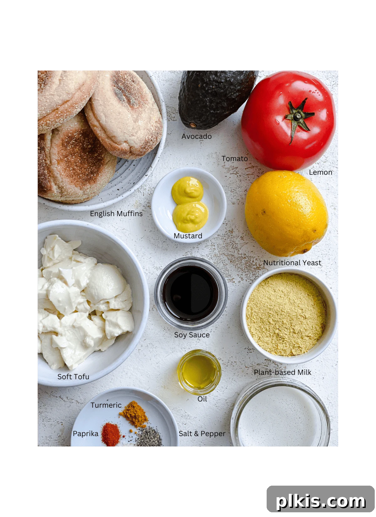 Simple Plant-Based Hollandaise 3 ingredients for Easy Vegan Hollandaise Sauce measured out against a white surface