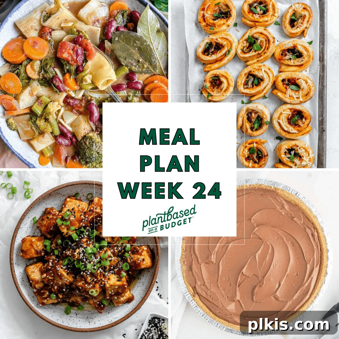 Flavorful Feasts: Week 24 2 A vibrant graphic illustrating the Week 24 Plant-Based Meal Plan, featuring delicious ingredients and dishes like soup, pizza rolls, and sandwiches, emphasizing budget-friendly and healthy eating.