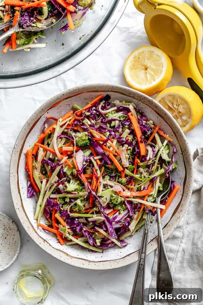 Zesty Broccoli Slaw 2 A beautifully presented bowl of vibrant broccoli slaw, ready to be served, showcasing its fresh ingredients and inviting texture.