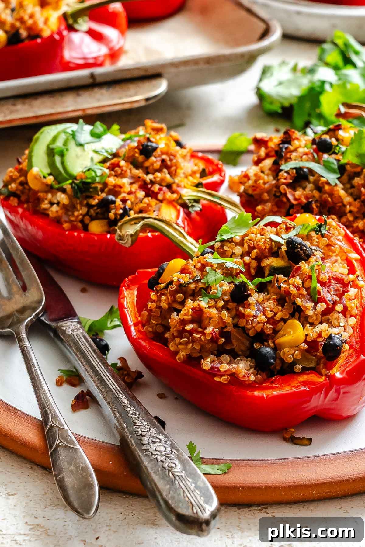 Wholesome Quinoa Stuffed Peppers 10 Completed Quinoa Stuffed Bell Peppers on a plate, ready to be served.