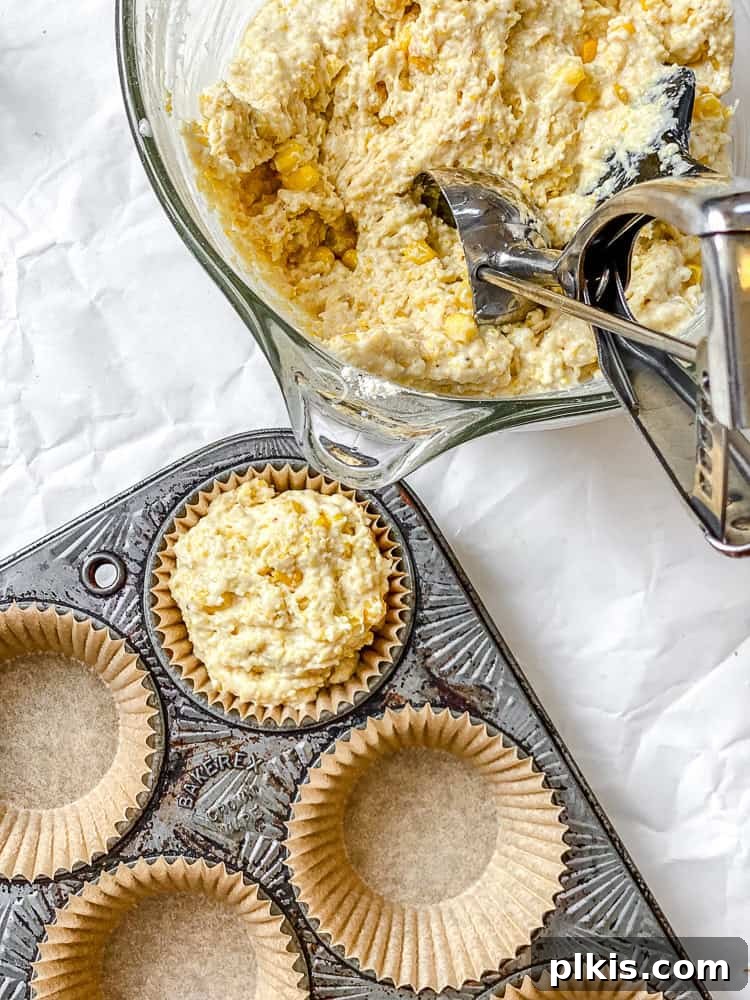 Fluffy Vegan Cornbread Muffins 7 process shot showing scooping batter into muffin tin