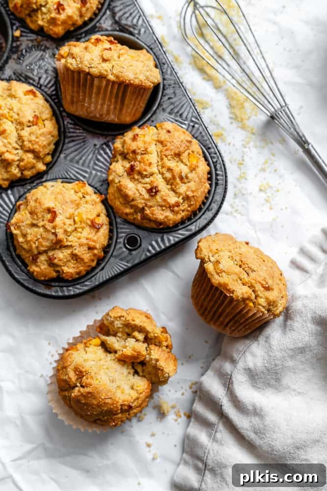 Fluffy Vegan Cornbread Muffins 8 completed Vegan Cornbread Muffins in a muffin tin