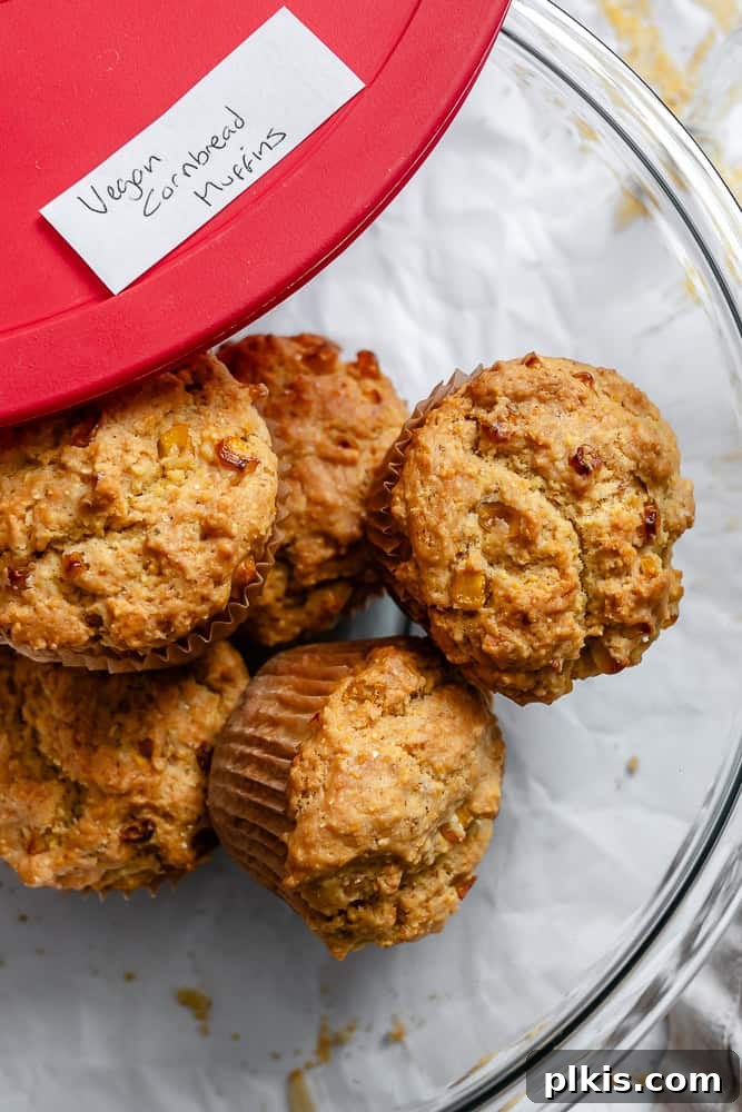 Fluffy Vegan Cornbread Muffins 9 completed Vegan Cornbread Muffins in a storage container
