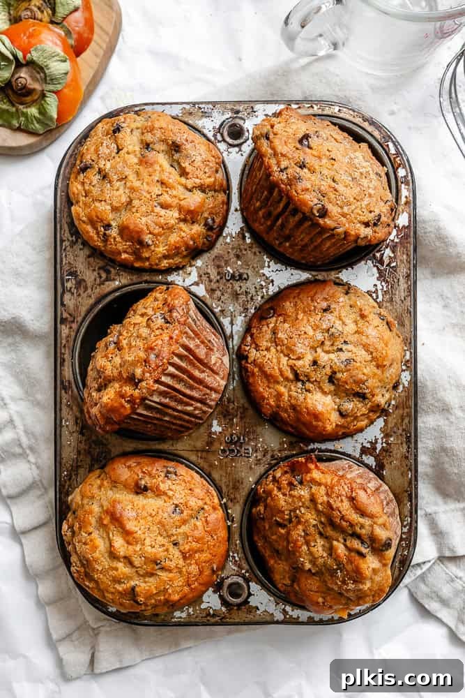 Simple Spiced Persimmon Muffins 2 A close-up shot of baked Easy Persimmon Muffins nestled in a muffin tin, garnished with a light sprinkle of brown sugar on top, highlighting their golden-brown crust and inviting texture.