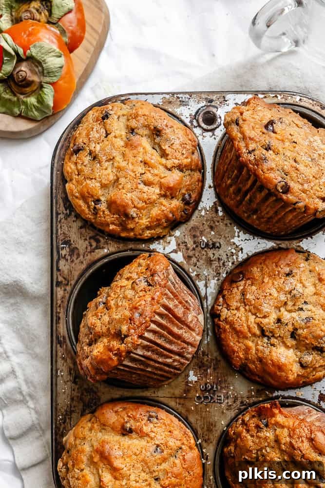 Simple Spiced Persimmon Muffins 8 A vibrant, close-up shot of a freshly baked Easy Persimmon Muffin in a muffin tin, showing its perfectly golden-brown top and inviting texture, ready to be enjoyed.