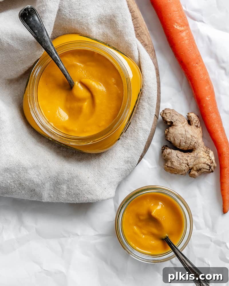Vibrant Japanese Carrot Ginger Dressing 2 completed Japanese Carrot Ginger Dressing in a container, ready to serve