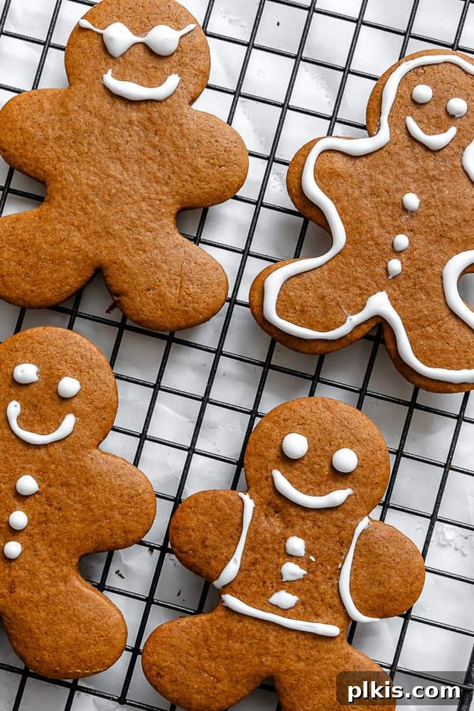 Cozy Vegan Gingerbread Delights 10 A cooling rack filled with freshly baked and decorated vegan gingerbread cookies, showcasing their intricate details.