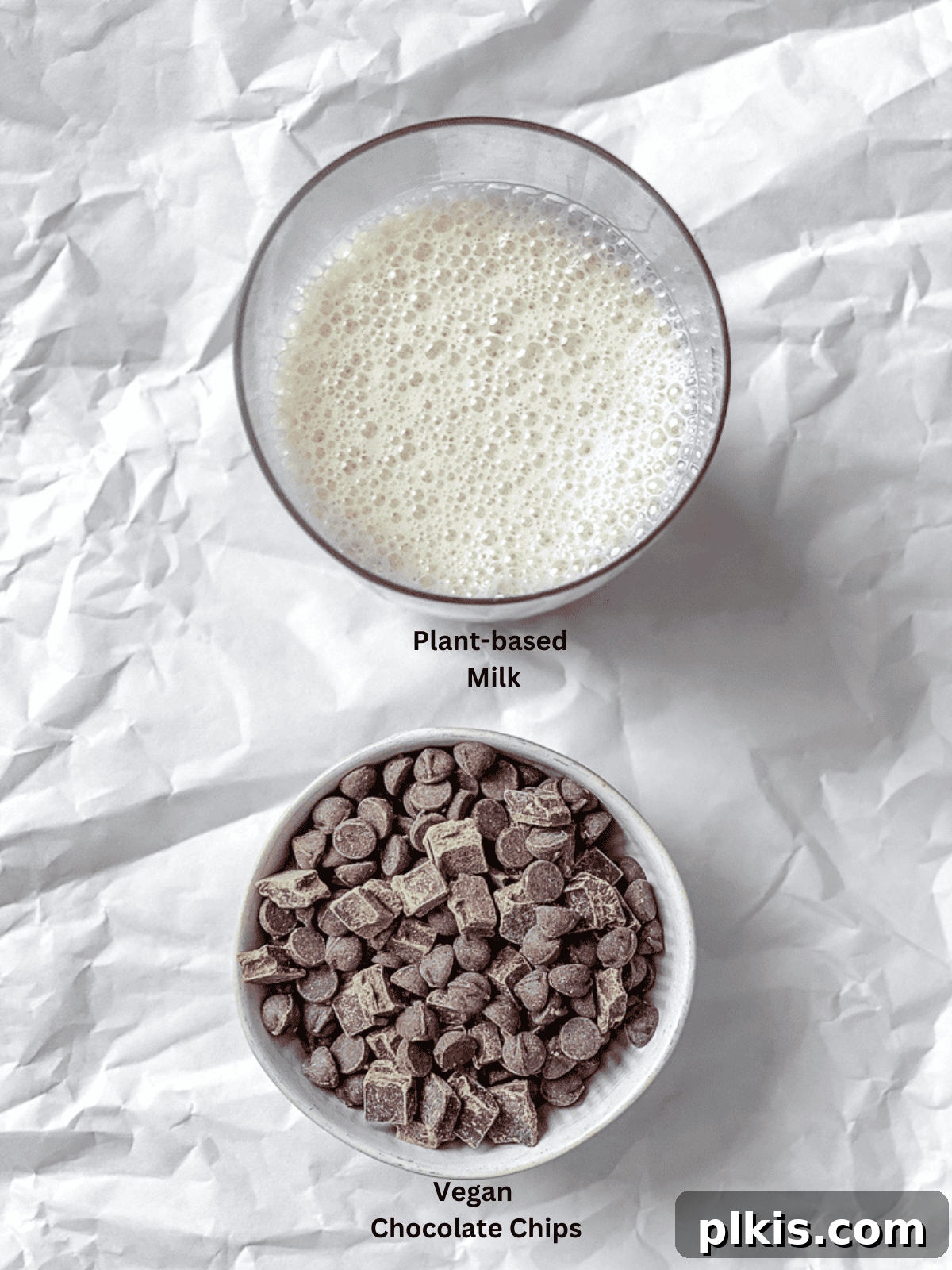Guilt Free Chocolate Bliss 3 ingredients for Vegan Hot Chocolate measured out on a white surface