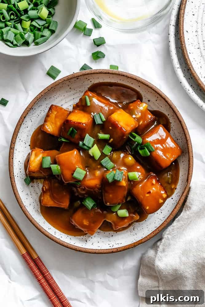 Tangy Orange Tofu Crunch 2 completed Crispy Orange Tofu on a plate