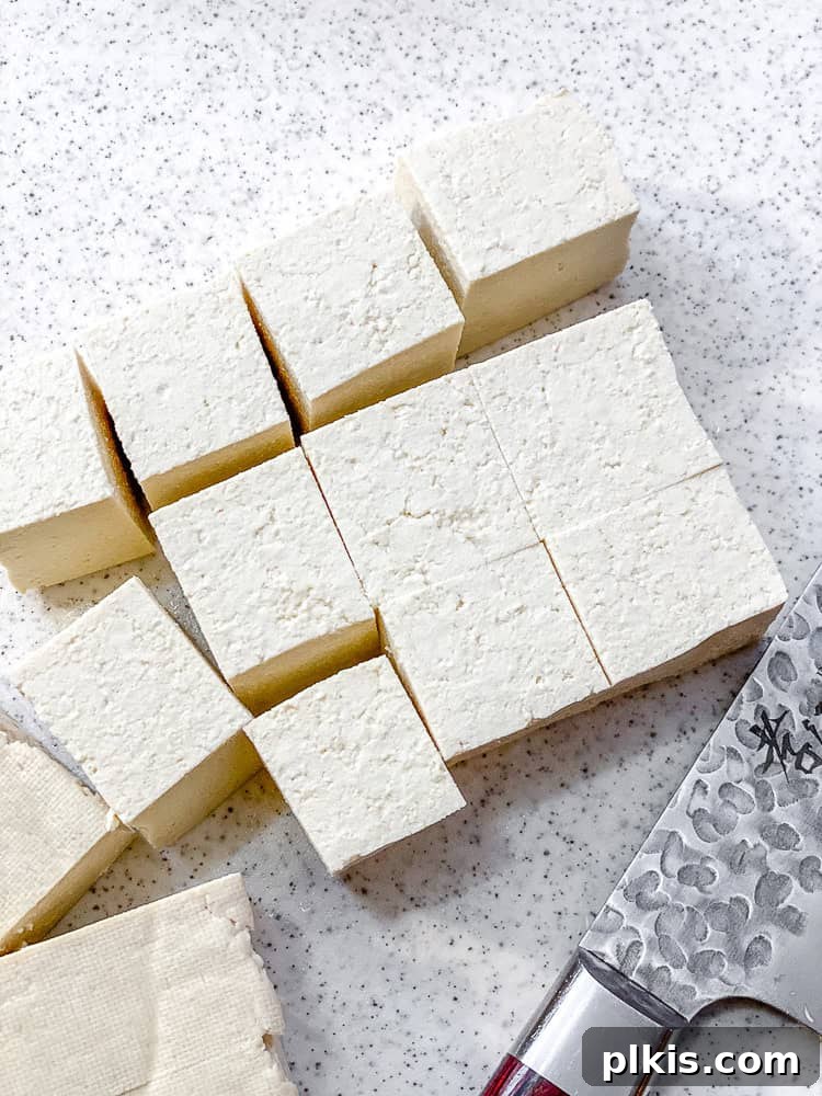 Tangy Orange Tofu Crunch 4 process shot showing tofu cut into cubes