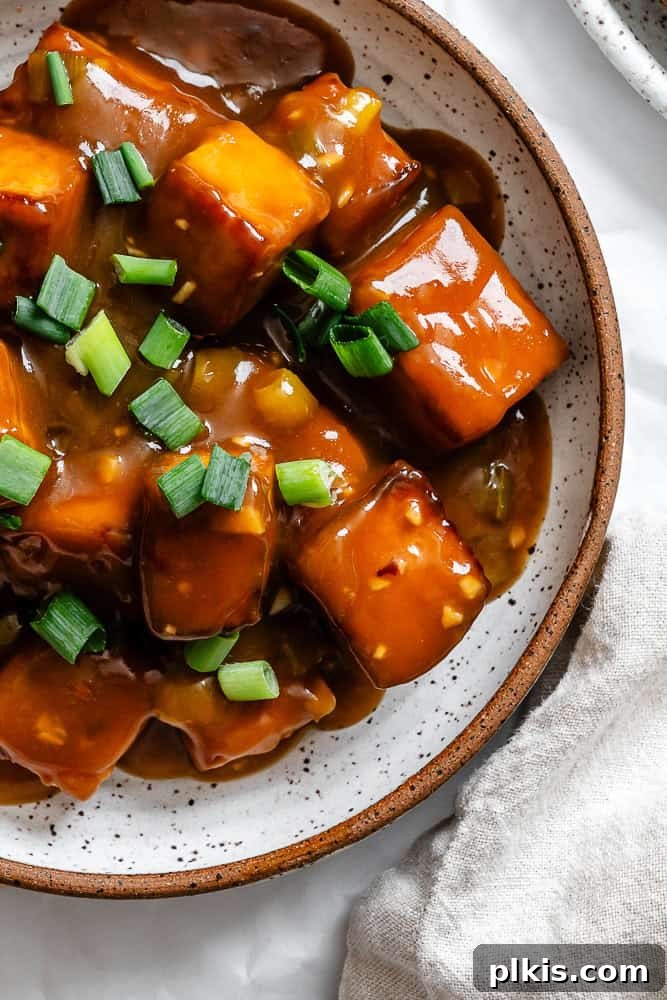 Tangy Orange Tofu Crunch 10 completed Crispy Orange Tofu on a plate