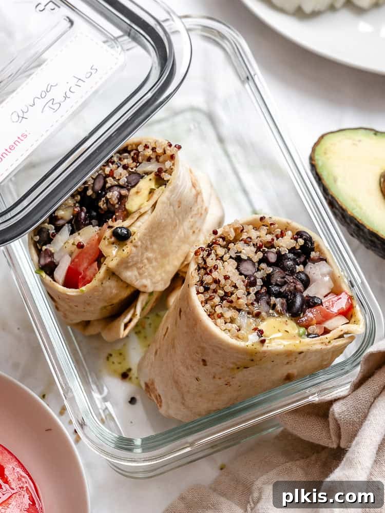 Hearty Quinoa Black Bean Burritos 9 completed Quinoa Black Bean Burritos in a storage container, ready for meal prep