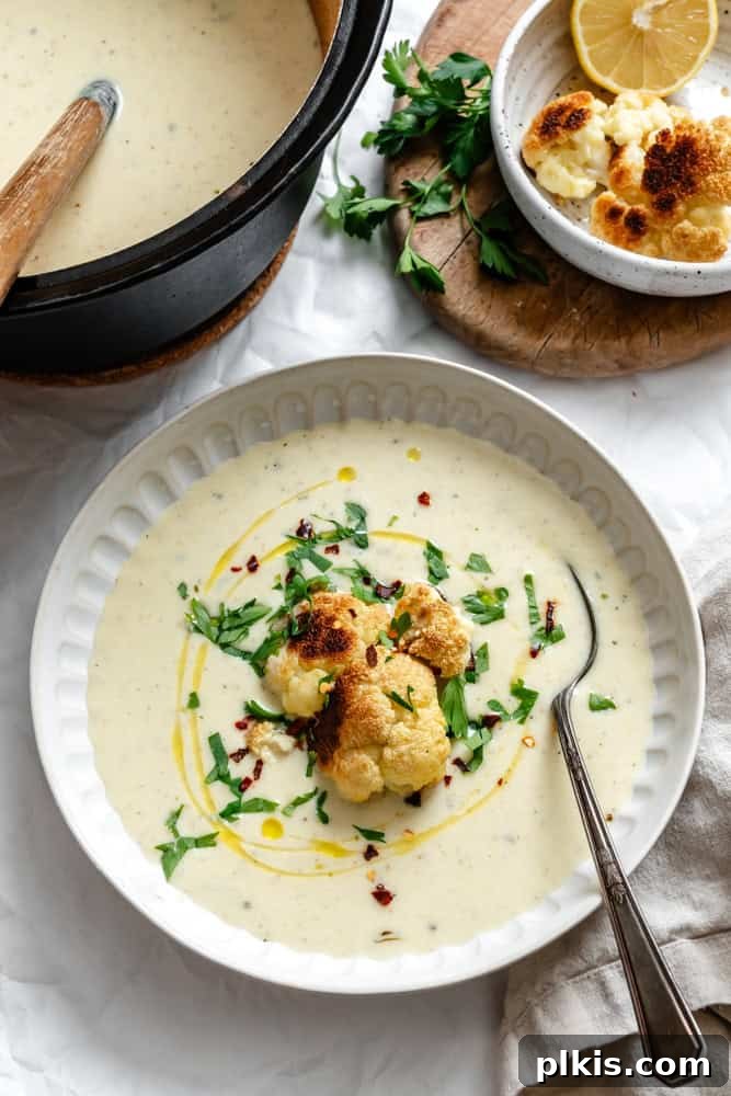 Golden Roasted Cauliflower Bisque 2 completed Roasted Cauliflower Soup in a bowl