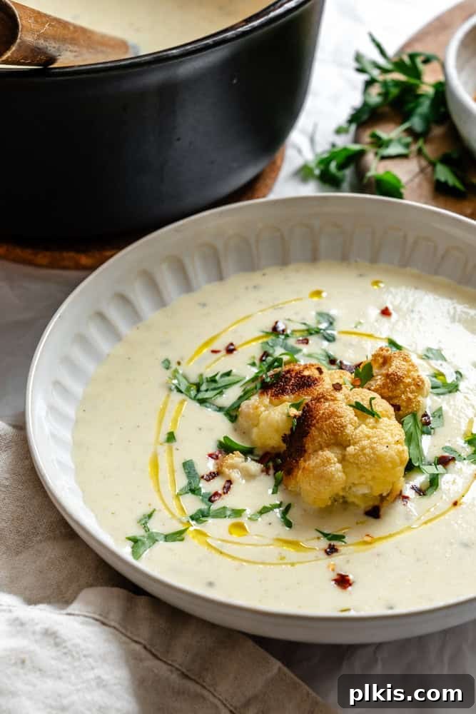 Golden Roasted Cauliflower Bisque 10 completed Roasted Cauliflower Soup in a bowl