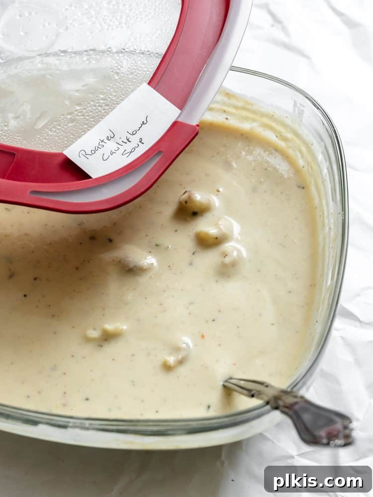 Golden Roasted Cauliflower Bisque 11 completed Roasted Cauliflower Soup in a storage container