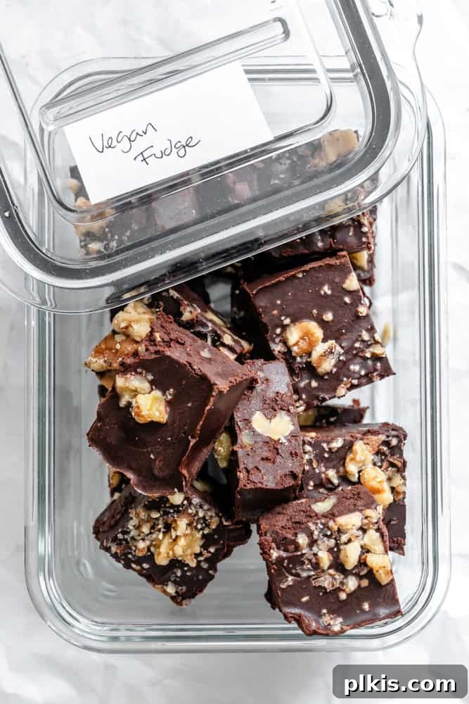 completed Vegan Fudge [Easy Microwave Fudge] in a storage container