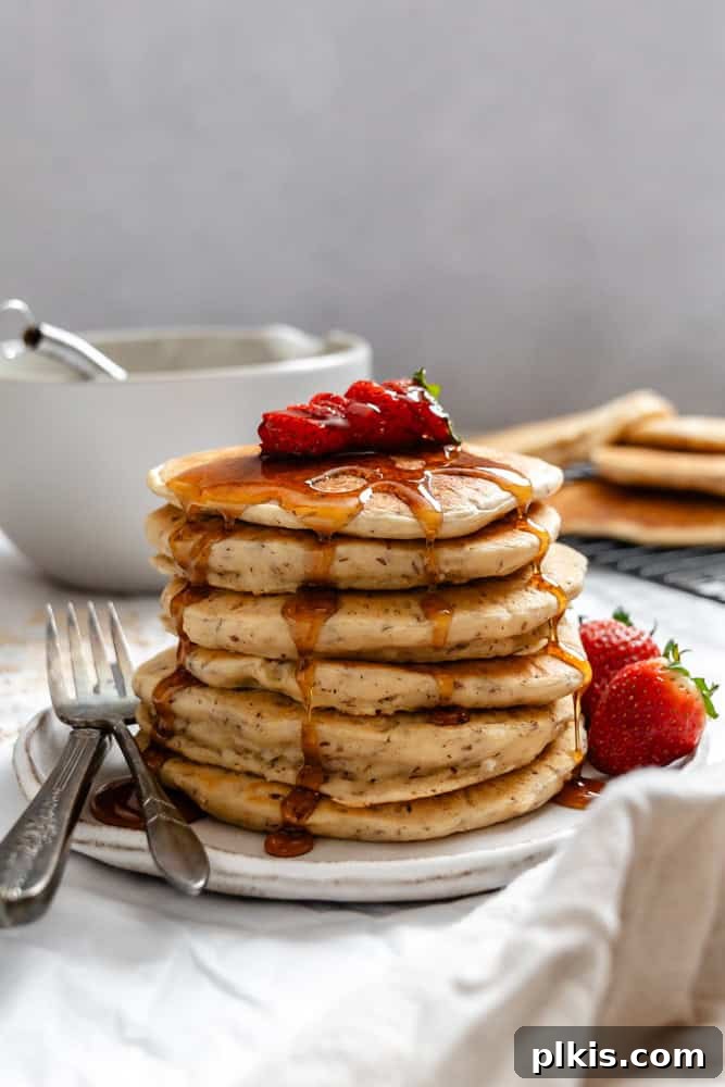 Fluffy Vegan Power Cakes 2 completed Vegan Protein Pancakes stacked on one another