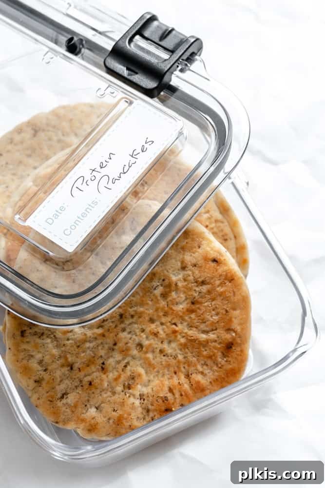 Fluffy Vegan Power Cakes 9 completed Vegan Protein Pancakes in a storage container