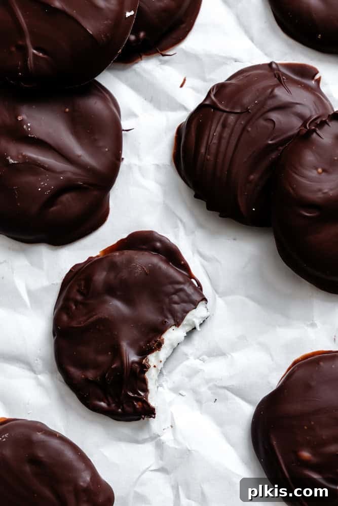 Cool Mint Vegan Delights 2 Freshly made Vegan Peppermint Patties on a pristine white surface, coated in rich, dark vegan chocolate.