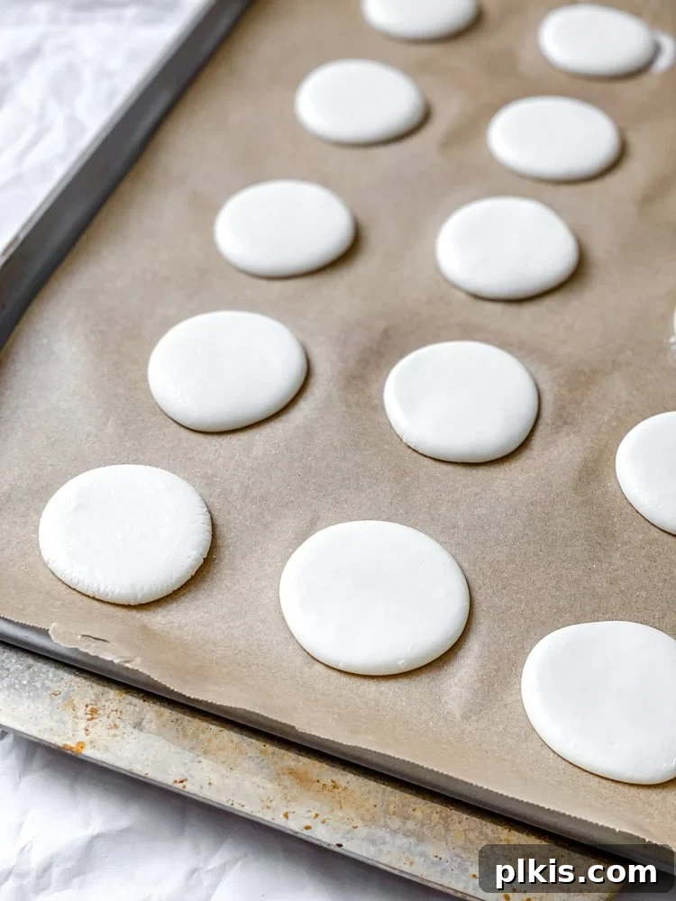 Cool Mint Vegan Delights 5 Process shot showing flattened vegan peppermint patty disks neatly arranged on a parchment-lined baking sheet, ready for chilling.
