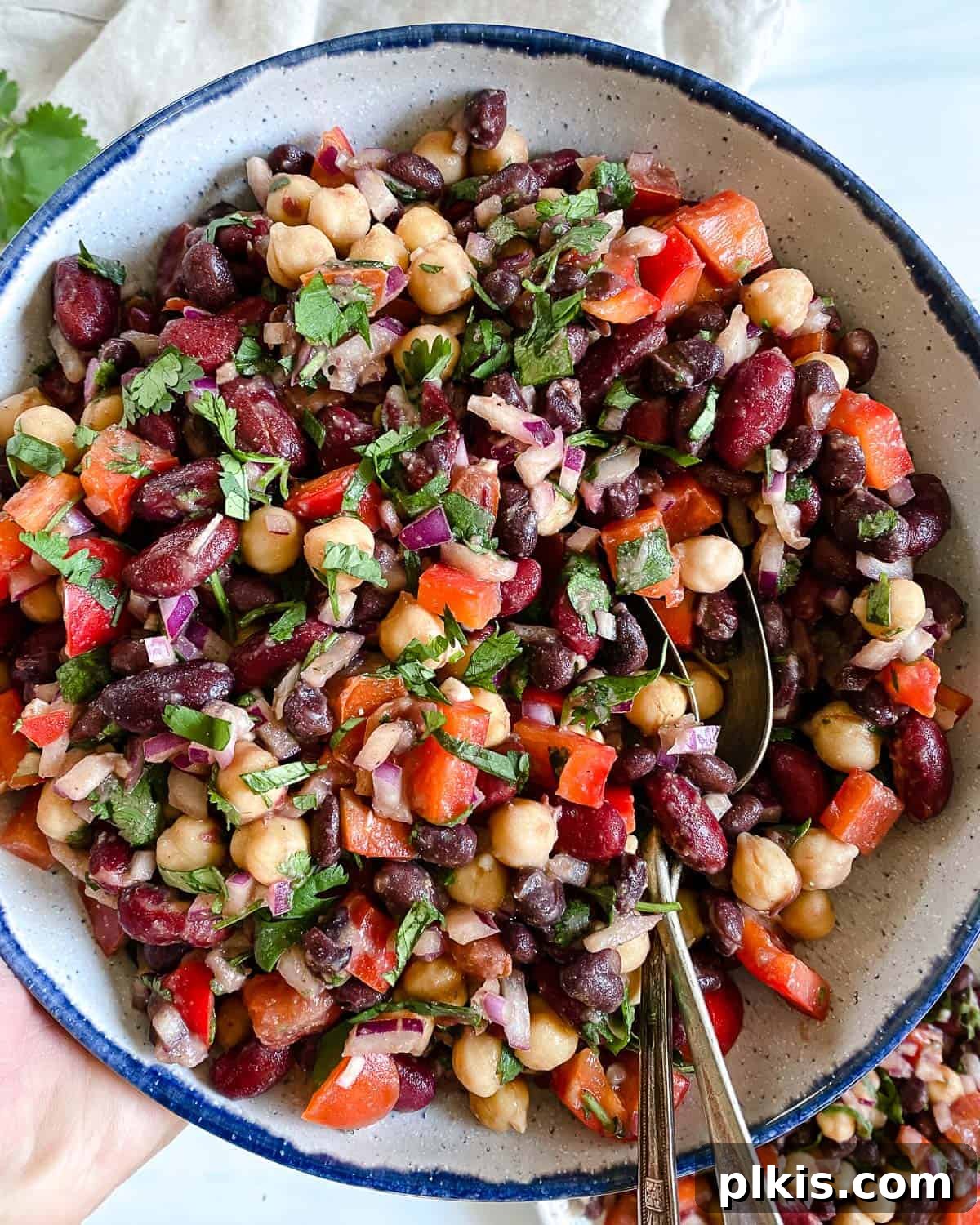Completed mixed bean salad in a serving bowl with fresh ingredients scattered around against a white background.