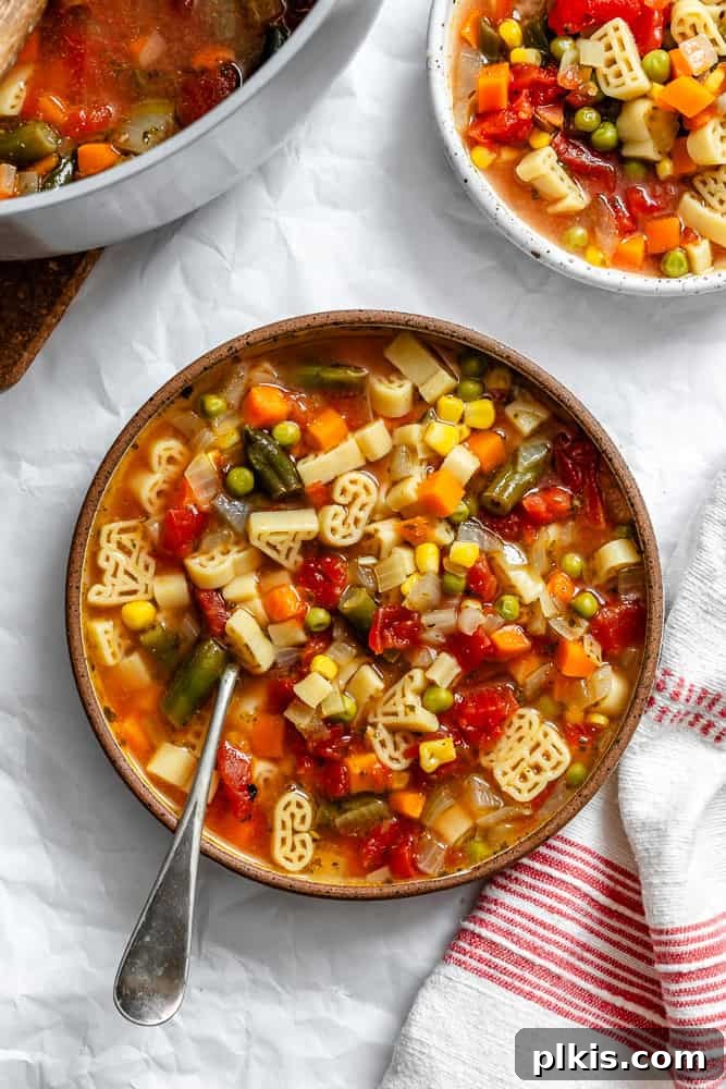 A bowl of vibrant homemade alphabet soup, featuring colorful vegetables and alphabet pasta in a rich tomato broth, ready to be enjoyed.