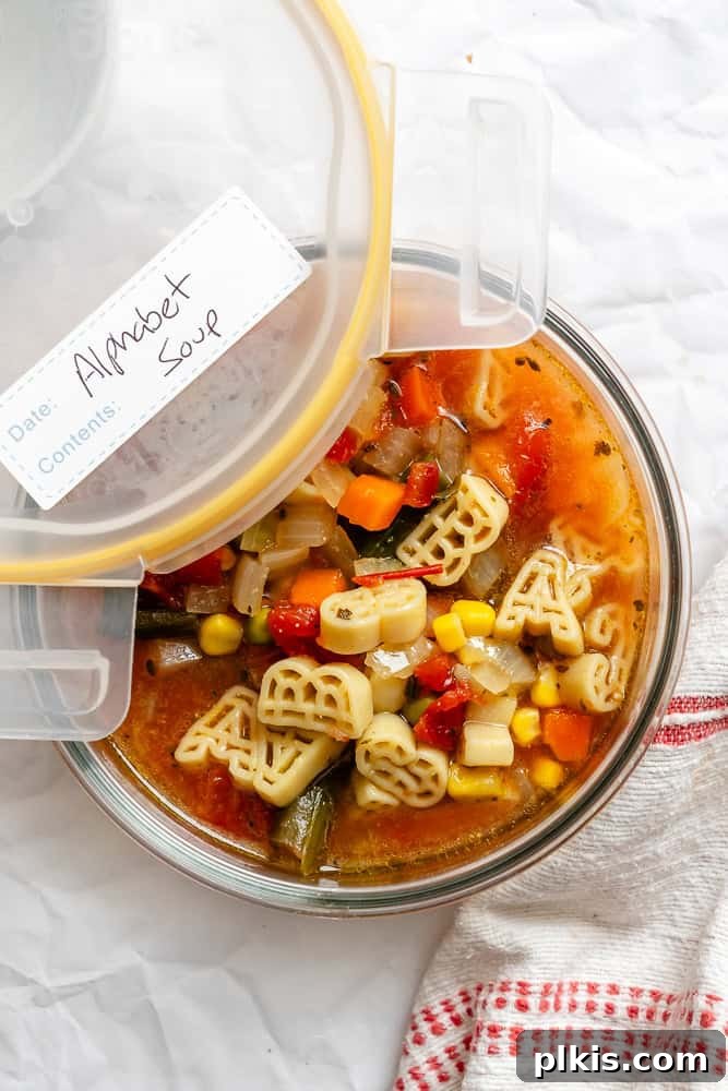 Alphabet soup stored in a clear airtight container, illustrating proper storage for meal prep.