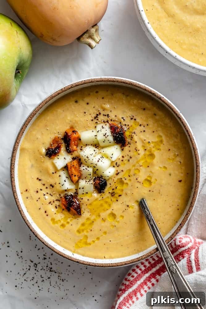 Sweet Autumn Squash and Apple Bisque 2 Completed Butternut Squash and Apple Soup in a bowl, garnished.