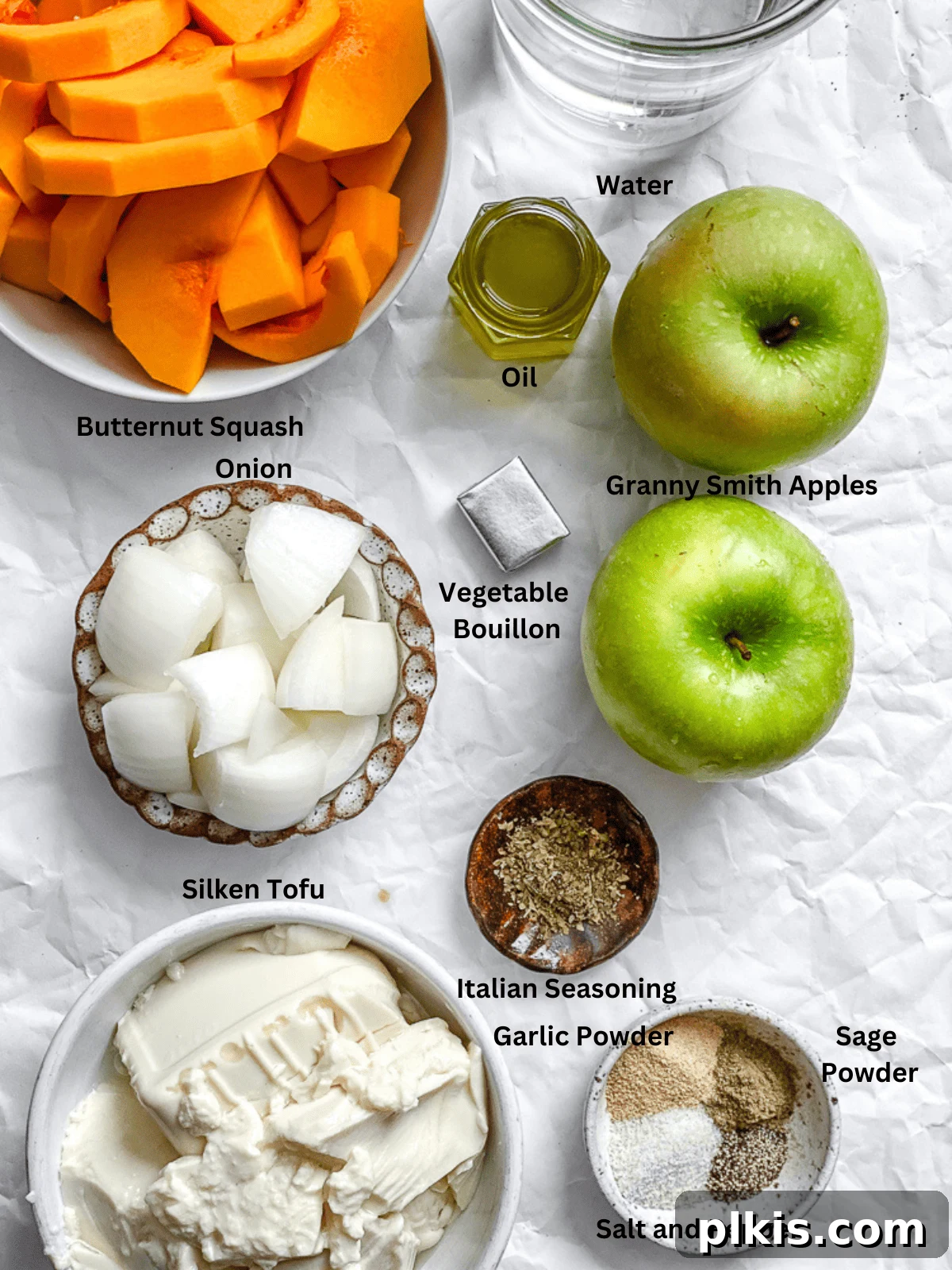 Sweet Autumn Squash and Apple Bisque 3 Ingredients for Butternut Squash and Apple Soup measured out on a white surface.