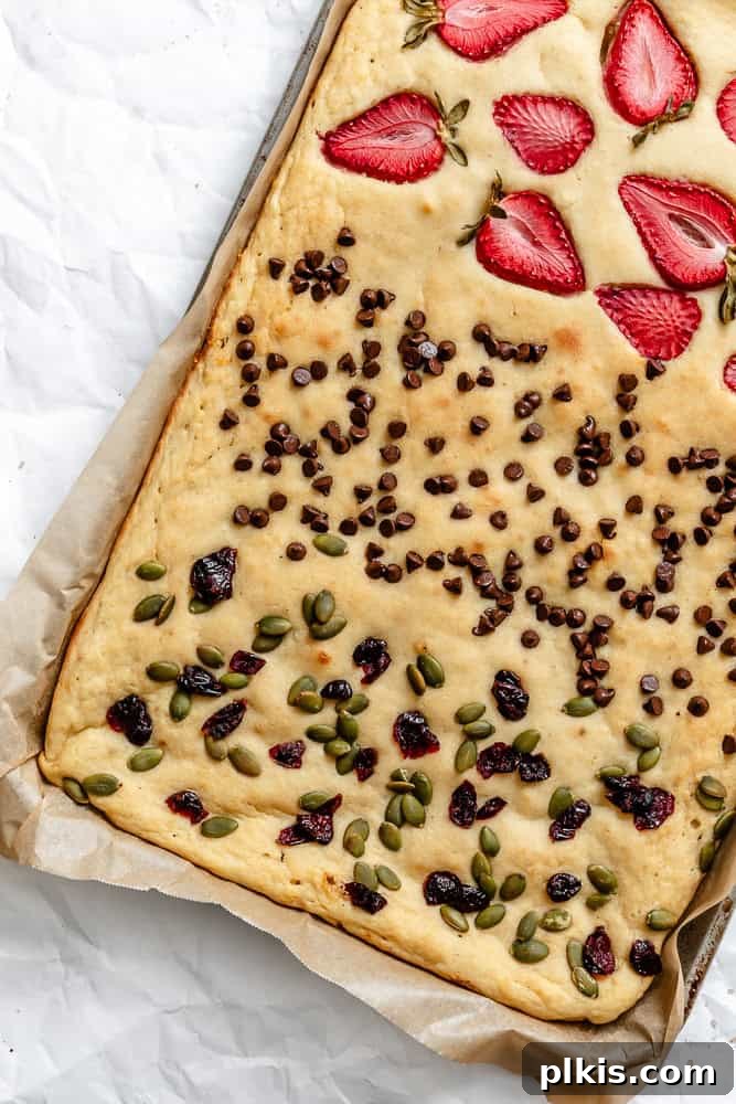 Completed Vegan Sheet Pan Pancakes in baking sheet.