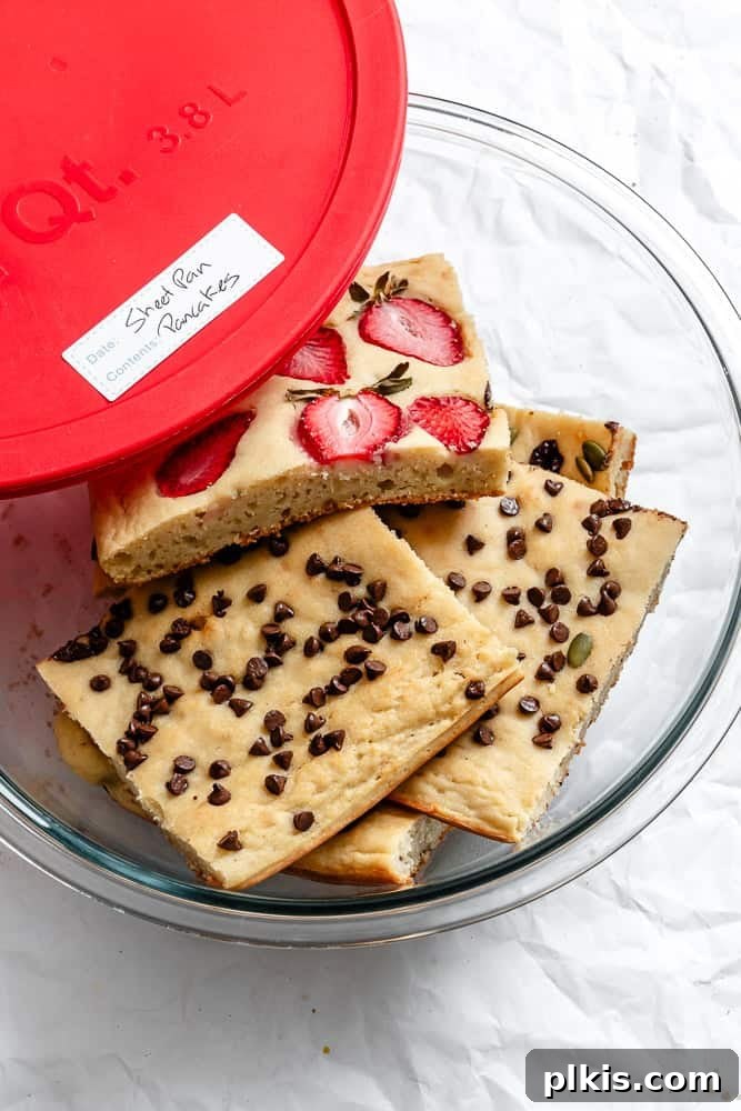 Completed Vegan Sheet Pan Pancakes in storage container.