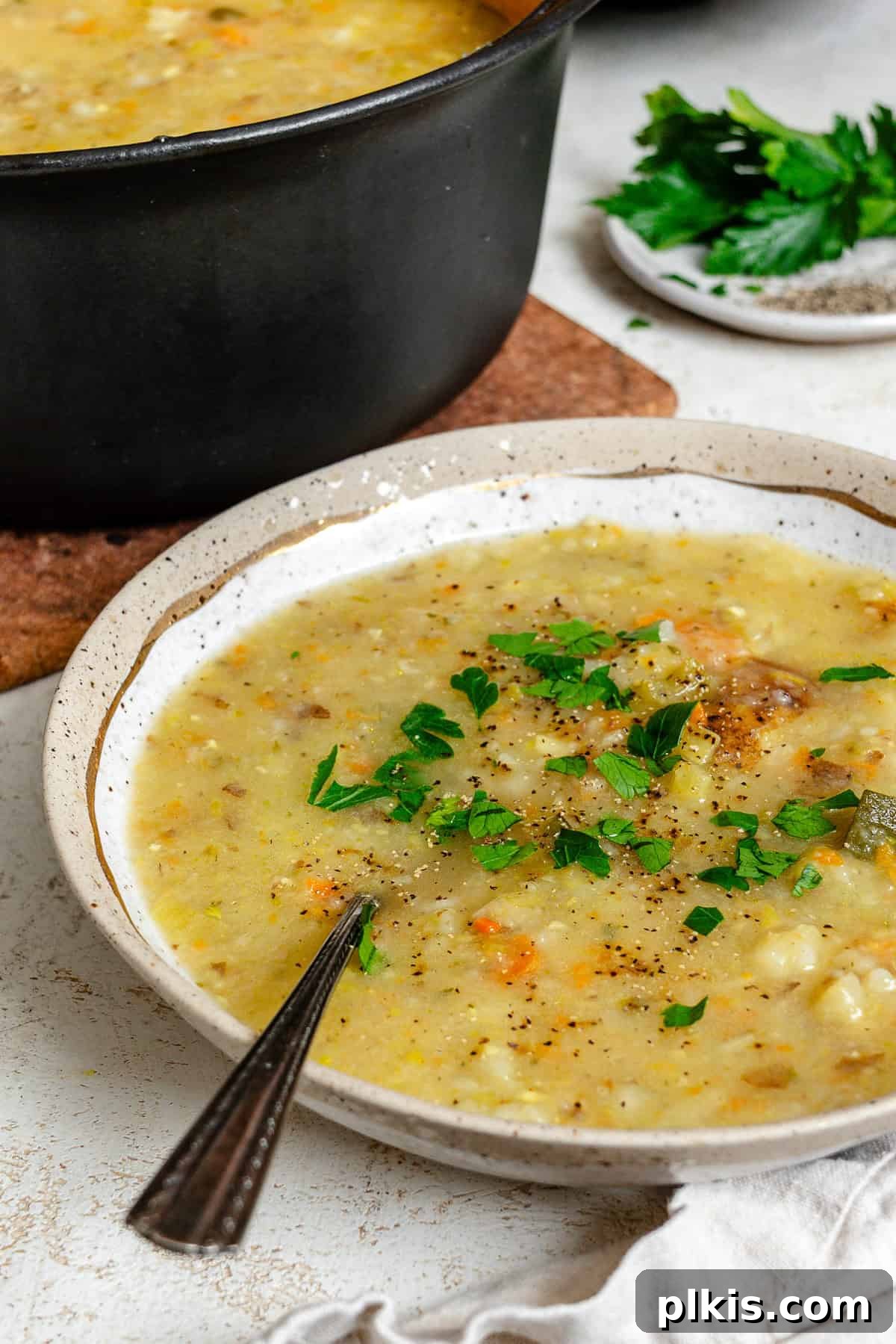 Hearty Vegan Potato and Vegetable Soup 7 A close-up of a rustic bowl of creamy Vegan Potato Soup with visible chunky vegetables and a sprinkle of green herbs.