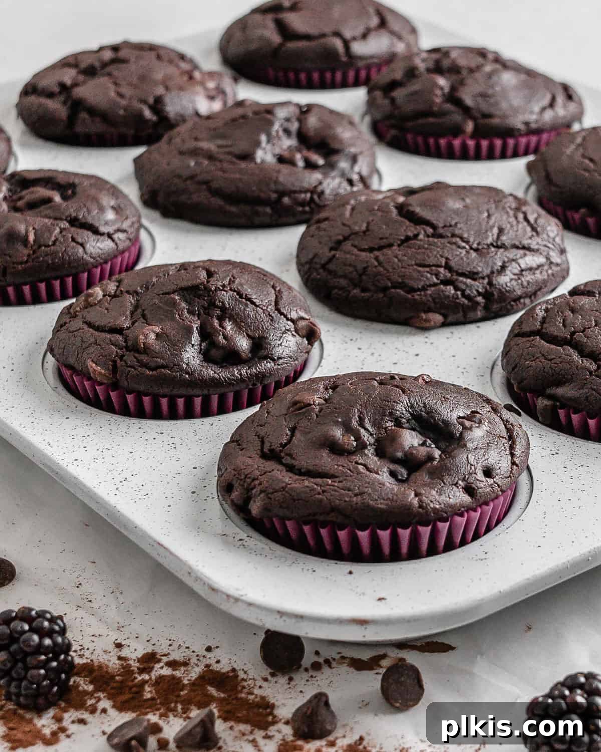 Rich Chocolate Blackberry Delights 12 Completed Vegan Blackberry Chocolate Cupcakes without icing, arranged in a muffin tin with fresh blackberries scattered around, ready to be served.
