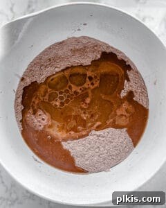 Wet ingredients being added to the bowl of dry ingredients for Vegan Blackberry Chocolate Cupcakes.