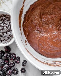 Rich Chocolate Blackberry Delights 6 Vegan Blackberry Chocolate Cupcakes batter after mixing wet and dry ingredients, with chocolate chips and blackberries in the background.